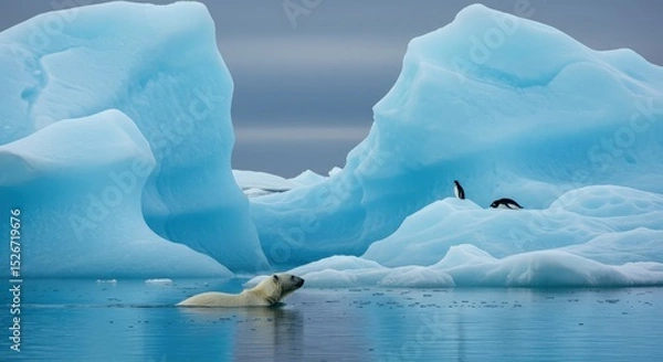 Fototapeta Polar bear swimming in icy water near icebergs and penguins.