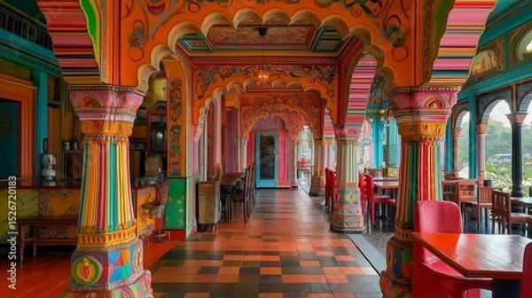 Obraz Indian palace interior with colorful walls and intricate archways.