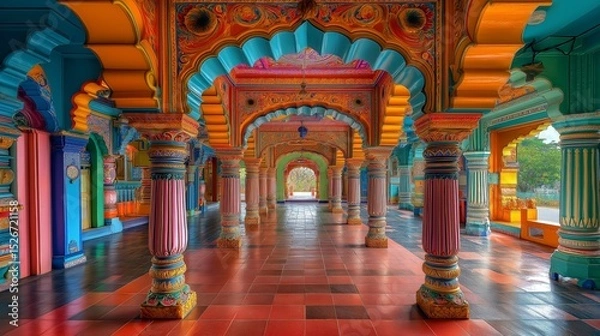 Obraz Vibrant hindu temple with colourful carvings, pillars and arched doorways.