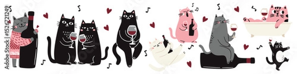 Obraz Cute Scandinavian style cats with a glass and a bottle of wine, singing and taking a bath. Flat vector illustrations on white background . Vector illustration
