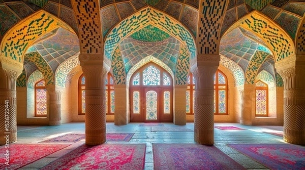 Obraz Vibrant, colorful columns and arches adorn a checkered floor in an Indian temple.