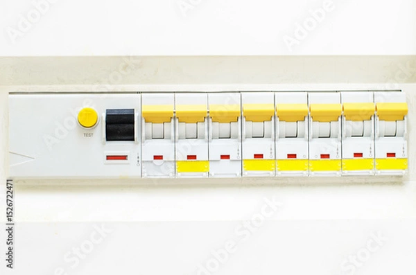 Fototapeta Multiple circuit breaker switches in residential electrical panel on white background