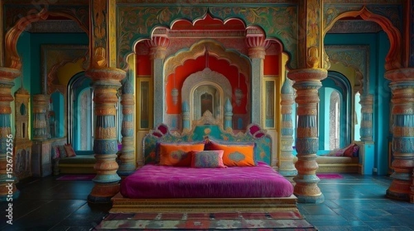 Obraz Ornate indian style bedroom with colorful bed and intricate bedframe.