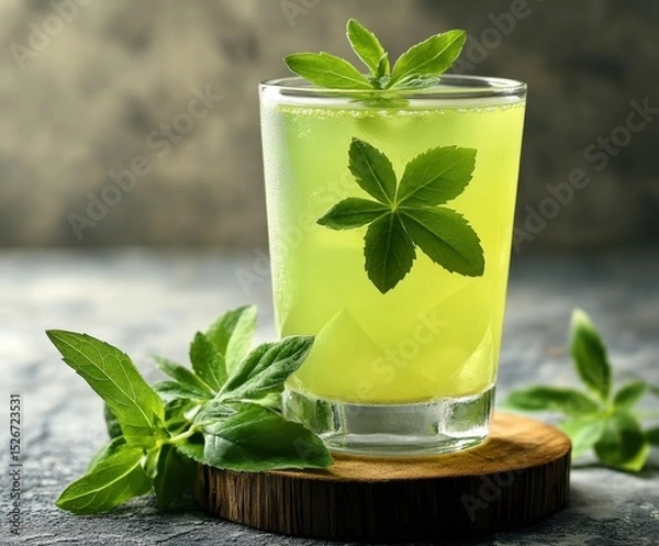 Fototapeta Traditional sweet woodruff lemonade in a glass with a fresh leaf with space for text
