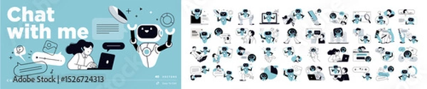 Fototapeta Chat with me vector illustrations. Concepts of online communication, chat ai, chatbot, ai virtual assistant, video and image generator, chatting, support, Artificial Intelligence technology.