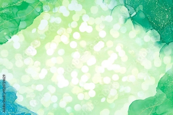 Obraz ボケライトの抽象背景テンプレート。四隅に緑のアルコールインクアートと金色グリッター