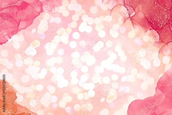 Obraz ボケライトの抽象背景テンプレート。四隅にピンクのアルコールインクアートと金色グリッター