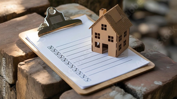 Obraz Clipboard with checklist and miniature cardboard house symbolizing home renovation planning and moving tasks on stone background. Real estate arrangement or fixing for sale or mortgage 