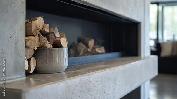 Fototapeta Close-up of minimalist fireplace corner, sleek concrete mantle, ceramic firewood holder, grey and matte black tones