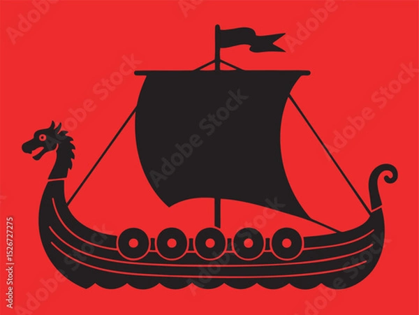 Fototapeta Viking ship with a sail and dragon head on a red background, flag waving