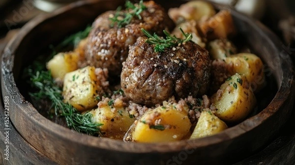 Fototapeta Close-up of Scottish haggis with neeps and tatties, rustic presentation and earthy tones