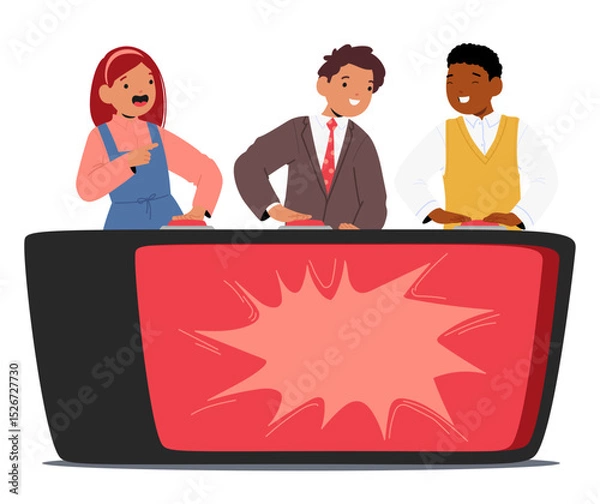 Obraz Clever kids enthusiastic participants cartoon characters playing quiz game show isolated on white