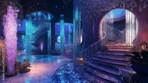 Obraz A large hall with arched windows reflecting vibrant pink, purple, and blue lights.