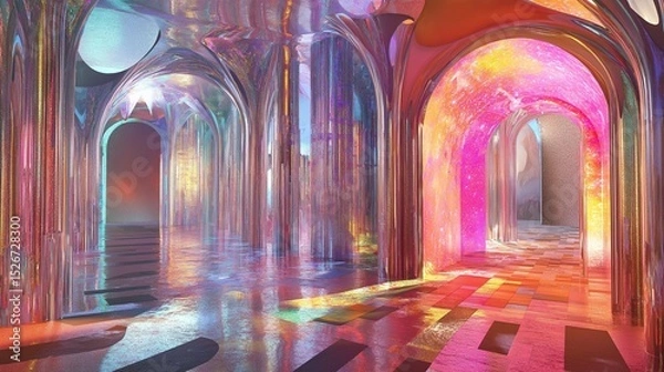 Obraz Abstract iridescent hall with arches and colorful light reflection on the floor.