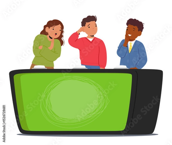 Obraz Team of children intellectuals cartoon characters playing competitive quiz game participating show