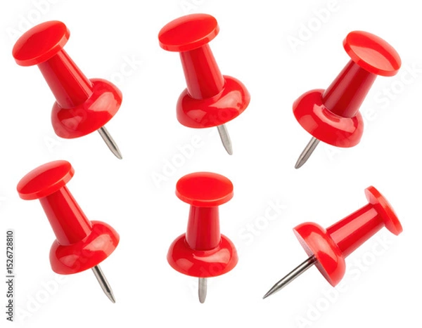 Fototapeta Six red push pins with pointed metal tips arranged in various orientations.