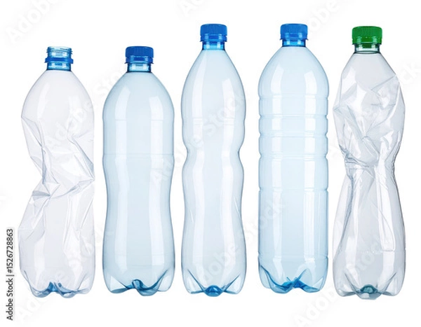 Fototapeta Five clear plastic bottles with blue and green caps, some are crumpled while others are intact, all standing upright.