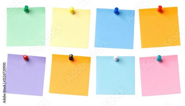 Fototapeta Eight colorful square sticky notes pinned in two rows, featuring green, yellow, blue, orange, purple, black, white, and pink notes.