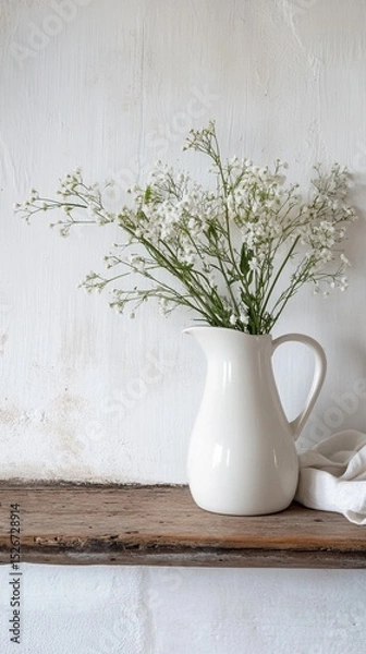 Fototapeta A charming white pitcher filled with delicate flowers placed on a rustic wooden shelf, perfect for brightening any interior space with a touch of elegance and nature's beauty.