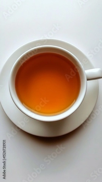 Fototapeta Freshly brewed tea in a white cup sits elegantly on a simple saucer, showcasing its warm amber hue against a minimalist backdrop, perfect for calming moments.
