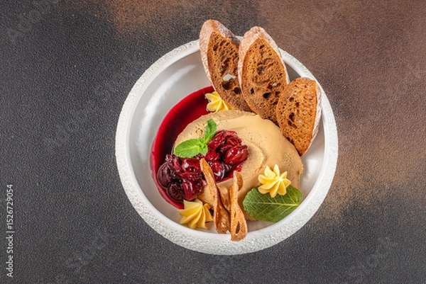 Obraz Elegant liver pate with cherry compote, toasted bread, and decorative butter swirls.