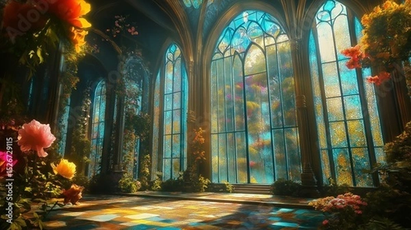 Obraz A glass conservatory with blooming flowers and stained glass windows.