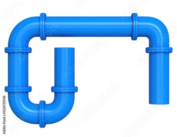Obraz A blue industrial pipe system with multiple sections and flanges forming a rectangular shape with a vertical extension.