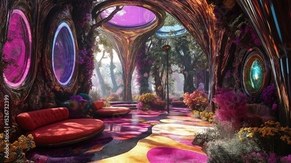 Obraz Colorful stained glass windows in a vibrant hall. Fantasy magic palace interior.