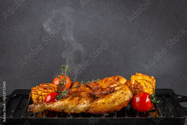 Obraz Hot grilled chicken with roasted corn, cherry tomatoes, and fresh thyme on a smoky grill