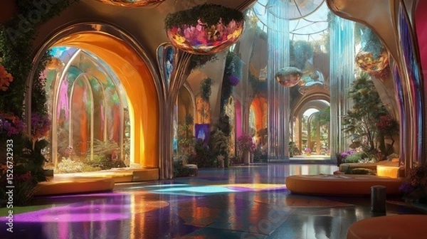 Obraz Grand hall with archways and colorful stained glass. Luxurious interior design.