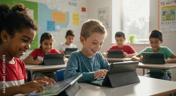 Obraz Elementary students using tablets in classroom