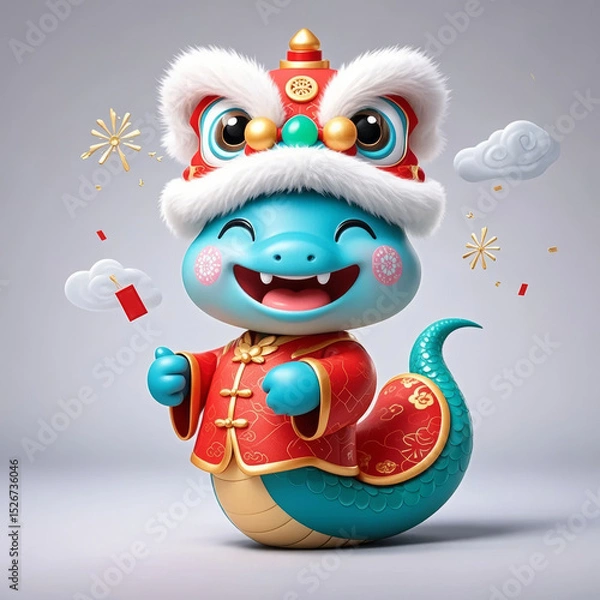 Fototapeta 3D rendered cute laughing little snake cartoon animal for the Year of the Snake