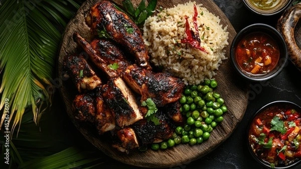 Fototapeta Flat lay of Jamaican jerk chicken with rice and peas, grilled smoky textures and tropical vibrant tones
