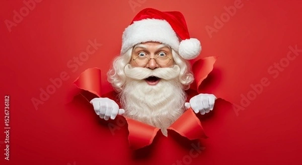 Fototapeta Festive surprise: Santa Claus bursts through a red paper background with a cheerful expression.