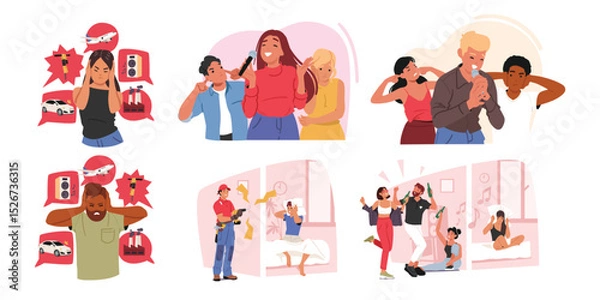 Obraz People suffering from noise pollution feeling anxiety and annoyance covering ears cartoon scene