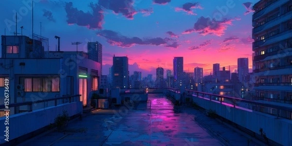 Fototapeta Urban Skyline with Neon Light Casting Across Evening Sky
