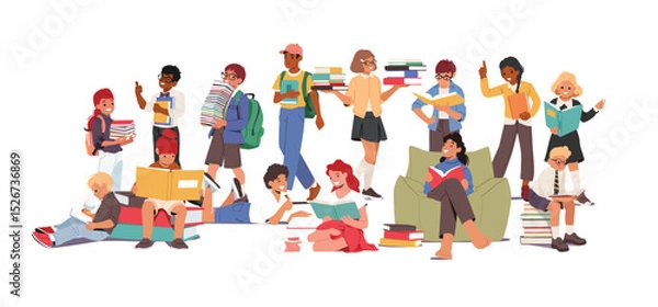 Obraz Crowd of happy smart children cartoon student characters with books back to school together