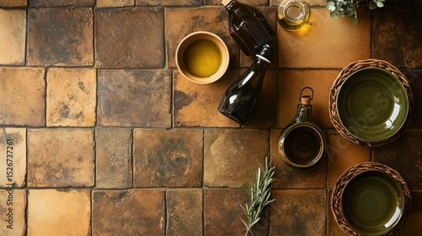 Fototapeta Flat lay of rustic Tuscan kitchen tiles, olive oil bottles, ceramic plates, warm ochre and olive green palette