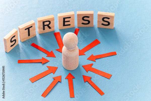 Fototapeta Stress concept and stressed person. Wooden figure with red arrows pointing to it, and the word stress composed with wooden alphabet.