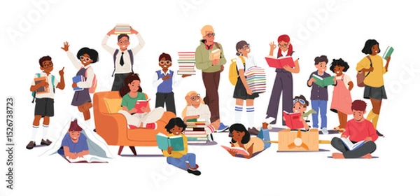 Obraz Crowd of bookworms cartoon children characters reading books, learning literature, enjoying hobby