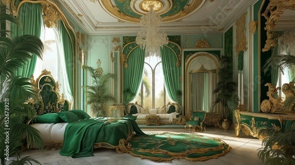 Obraz A grand hall with ornate gold accents and green walls. Luxurious interior design.