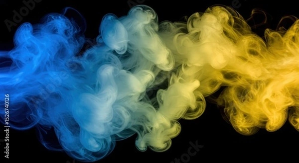 Fototapeta Colorful swirling smoke in blue and yellow hues against a black background, creating a dynamic atmosphere