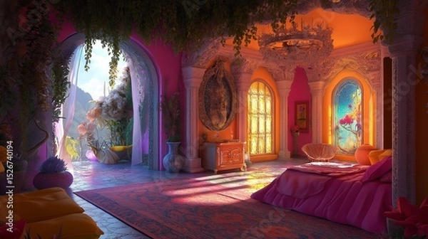 Obraz Opulent pink and gold fantasy room with large round window and luxurious furnishings.