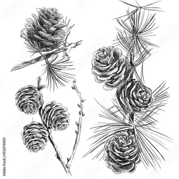 Fototapeta set of elements flowers and leaves and cone. Hand draw illustration, black lines