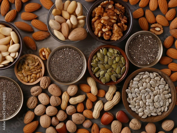 Fototapeta arranged flat lay showcasing a variety of nuts and seeds, emphasizing their natural textures and earthy tones. health and wellness marketing, or packaging for natural food products.