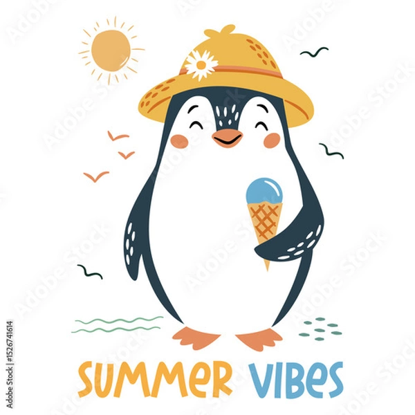 Obraz Flat vector illustration in a simple children's style. Cute penguin in summer hat holding ice cream and summer vibe caption . Vector illustration