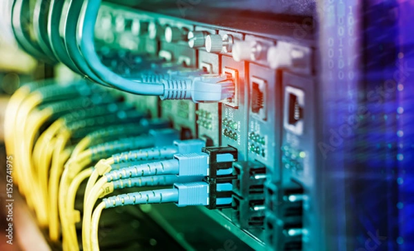 Obraz Fiber Optical cables connected to an optic ports and Network cables connected to ethernet ports