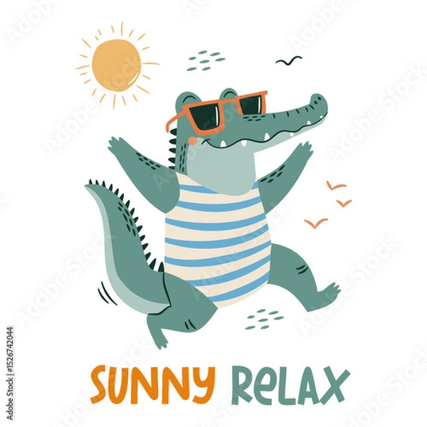 Obraz Flat vector illustration in a simple children's style. Cute crocodile in swimming trunks and summer relax caption . Vector illustration