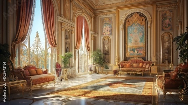 Obraz Large, ornate baroque room with golden decorations and grand windows.