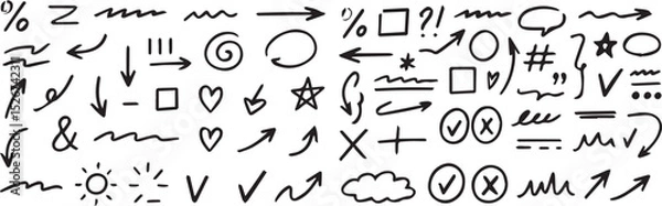 Obraz Vector swoosh doodles, hand drawn, arrows, speech bubble, heart, check mark, cross mark, square, circle, exclamation mark, star, curly, bracket, hashtag, geometric shapes, sketch. Black eps file.